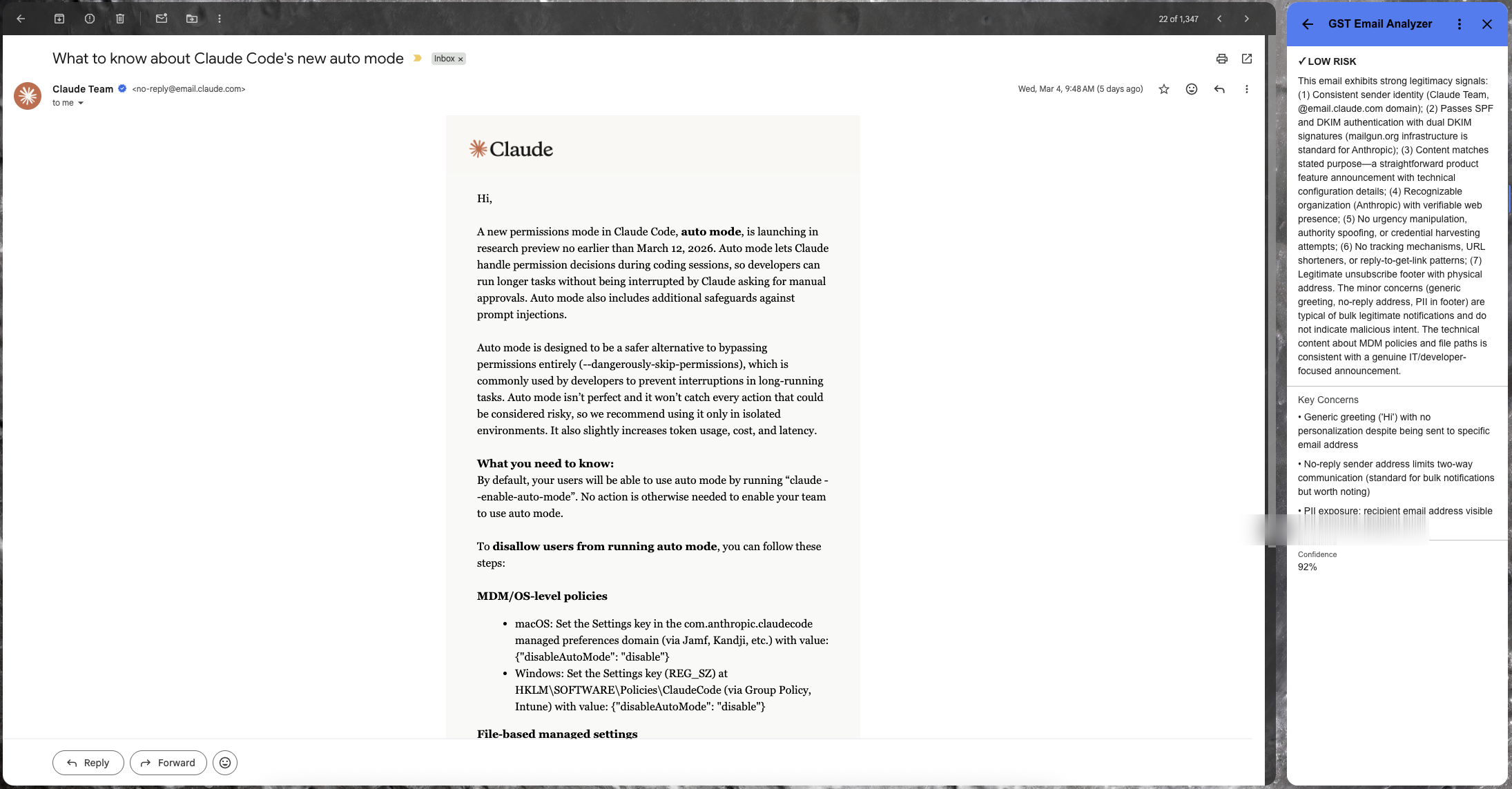 GST Email Analyzer showing a LOW RISK analysis in the Gmail sidebar